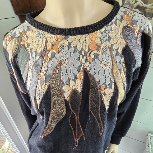 VNTG 80s Premiere Editions  Black Knit Floral Lace Faux Leather Applique Sweater - Picture 3 of 6